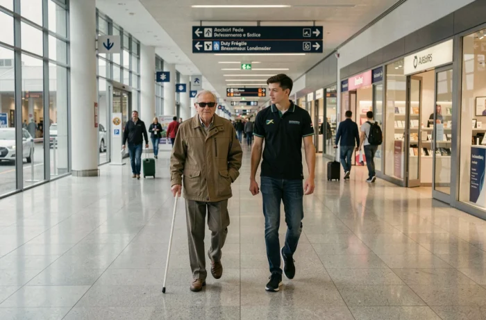 Personne malvoyante accompagnée par un agent d'accessibilité dans le terminal d'un aéroport Air France