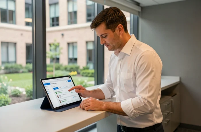 Administrateur hospitalier gérant un compte en ligne sur une tablette dans un bureau moderne
