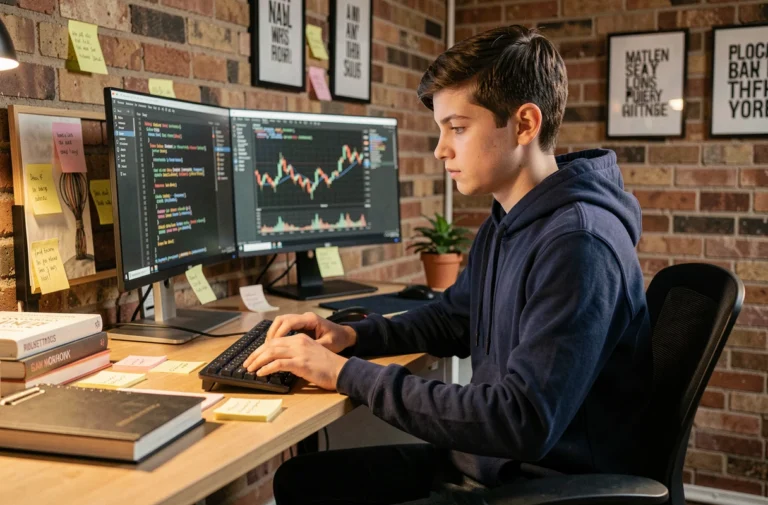 Adolescent concentré devant ses écrans d'ordinateur avec du code et des graphiques financiers dans un bureau à domicile