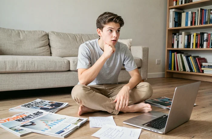 Adolescent assis sur le sol entouré de magazines et de notes avec un graphique boursier en hausse sur son ordinateur portable