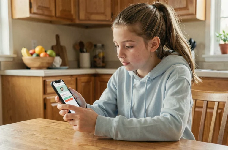 Adolescente consultant une demande de temps supplémentaire sur Google Family Link depuis la cuisine familiale