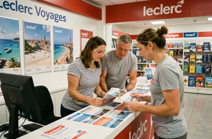 Couple en consultation avec un conseiller Leclerc Voyages pour réserver un séjour dernière minute au départ de Nantes