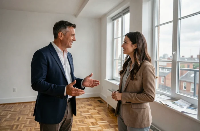 Agent immobilier faisant visiter un appartement vide à une locataire potentielle lors d'une visite immobilière