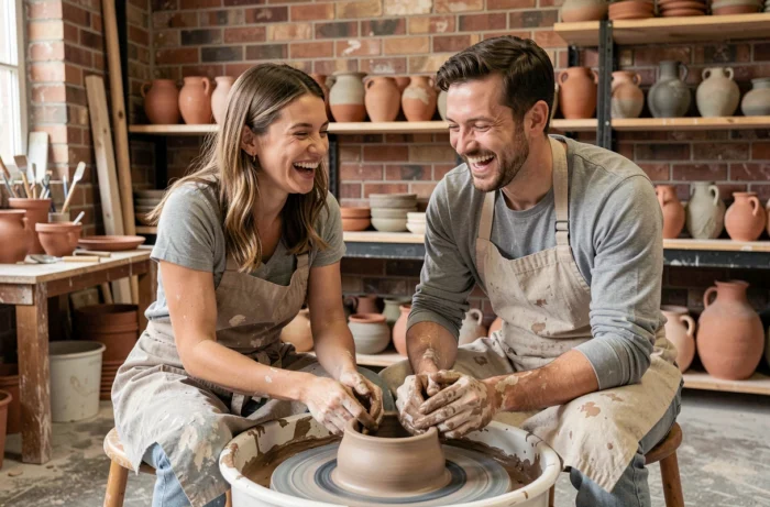 Deux amis riant ensemble lors d'un cours de poterie en atelier, activité créative et loisir manuel