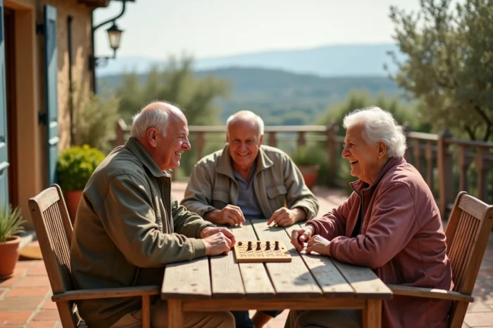 Groupe d'amis seniors jouant à un jeu de société sur une terrasse en pleine campagne française, illustrant les loisirs conviviaux après 60 ans