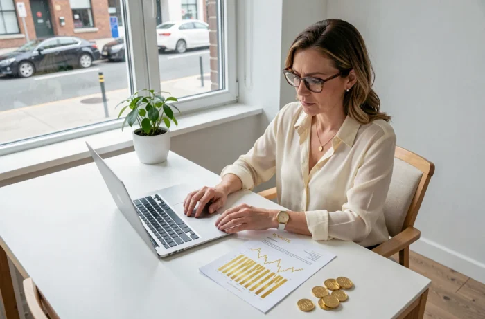 Une femme analyste étudiant des graphiques d'investissement en or et des pièces d'or dans un bureau à domicile moderne