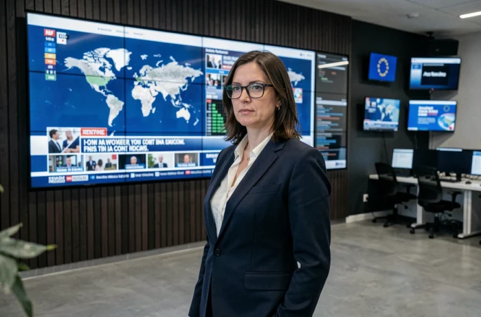Analyste devant un mur d'écrans affichant des flux d'actualité mondiale et des cartes européennes dans un centre de veille médiatique