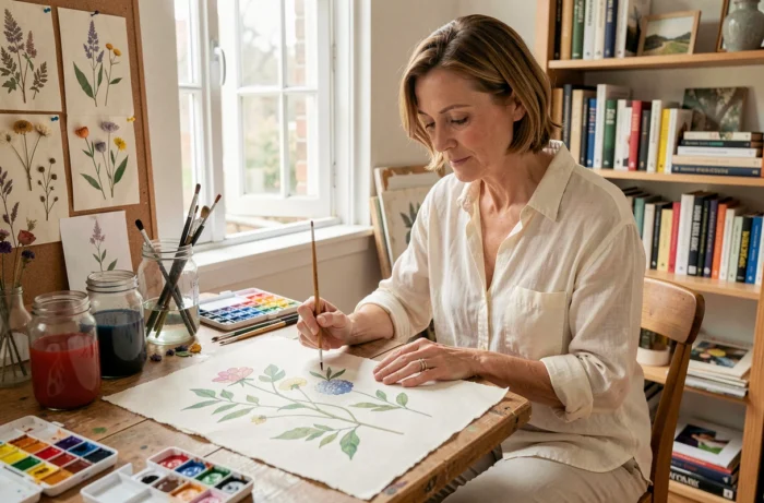 Femme peignant une illustration botanique à l'aquarelle dans un studio créatif fait maison lumineux et chaleureux