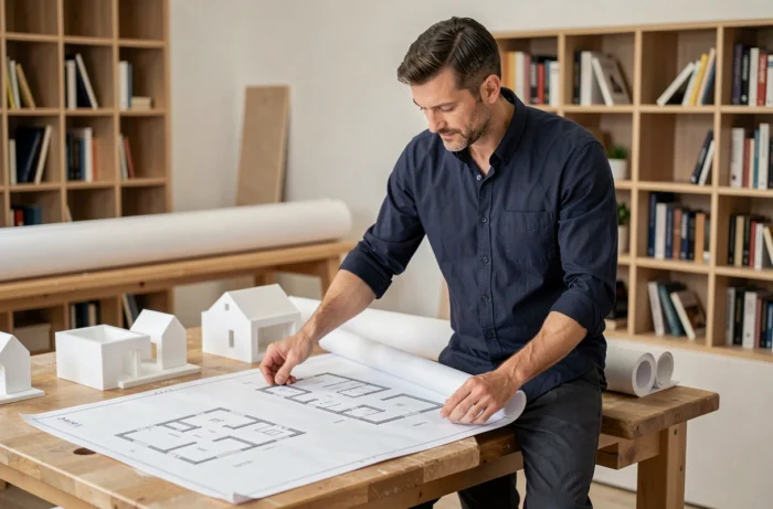 Architecte étudiant différentes formes de plans de maison pour optimiser l'efficacité énergétique et la construction