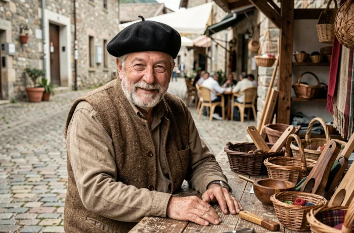 Artisan local vendant des objets artisanaux pyrénéens sur le marché d'Argelès-Gazost dans les Hautes-Pyrénées