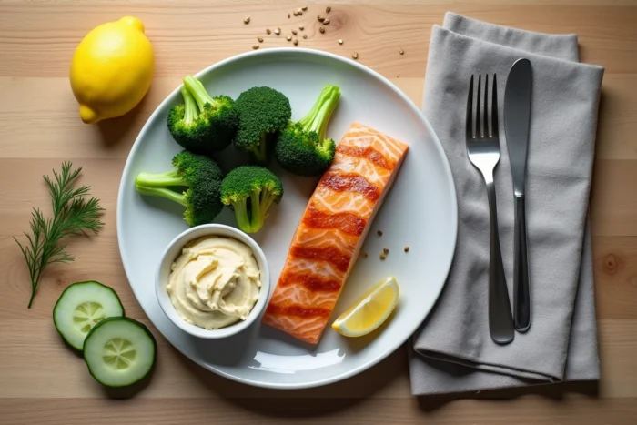 Assiette équilibrée avec saumon grillé, brocolis vapeur et houmous pour un régime minceur sans frustration
