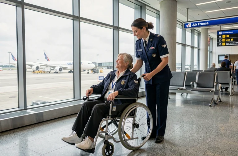 Femme en fauteuil roulant assistée par un agent Air France à la porte d'embarquement d'un aéroport