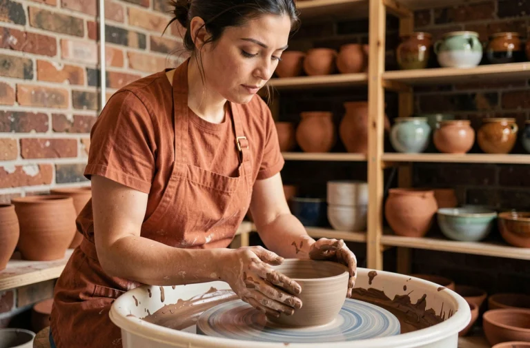 Femme pratiquant la poterie sur un tour dans un atelier artisanal urbain, les mains couvertes d'argile