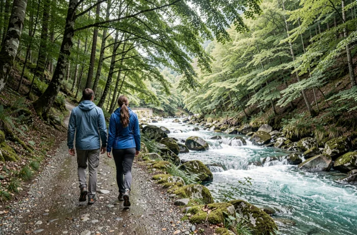 Couple en balade le long de la rivière dans la vallée des Gaves près d'Argelès-Gazost en Hautes-Pyrénées