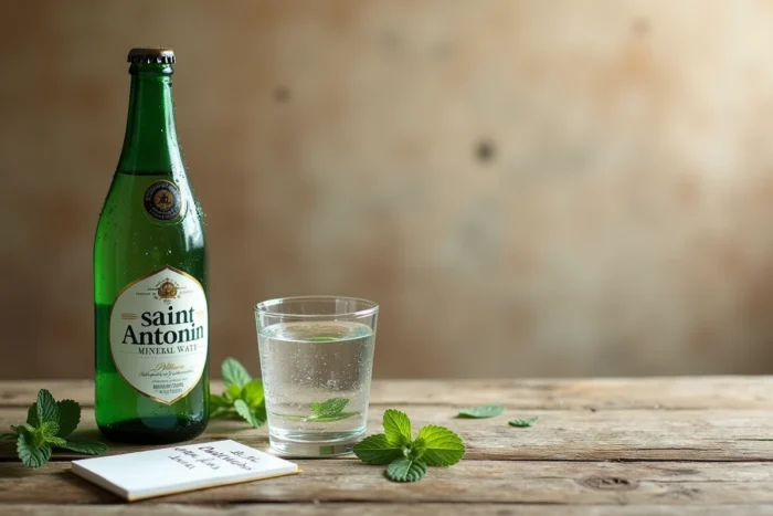Bouteille d'eau minérale Saint Antonin et verre d'eau posés sur une surface en bois, illustration de la constipation et du transit