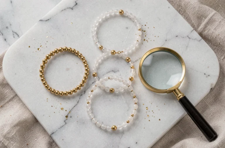 Comparaison entre un bracelet Gigi Clozeau authentique et des imitations, vue de dessus sur marbre blanc