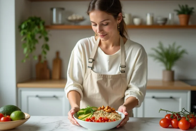 Femme préparant un Buddha bowl coloré et équilibré dans une cuisine moderne pour un repas sain et minceur