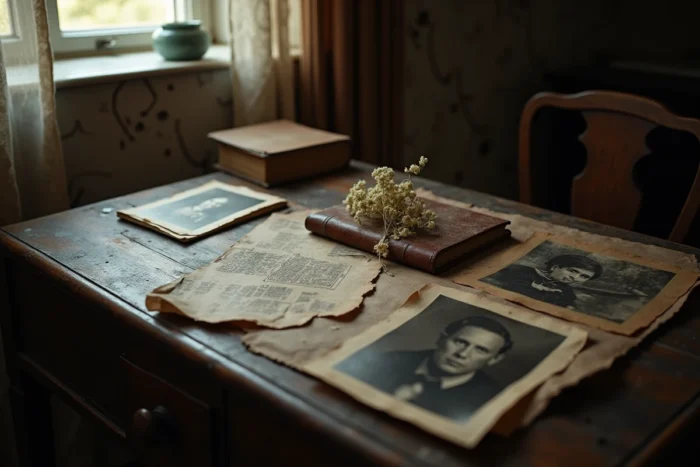 Bureau ancien avec photos de famille en noir et blanc, journal intime et coupures de presse évoquant les secrets d'un passé trouble
