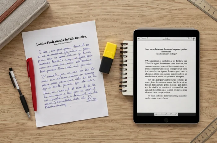 Bureau d'élève avec des sujets de rédaction corrigés imprimés en PDF et un cahier de français pour la 6ème