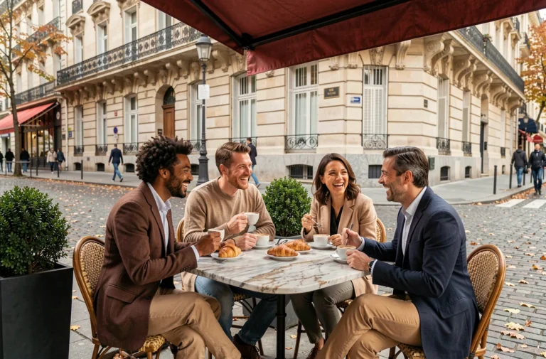 Groupe multiculturel attablé en terrasse d'un café parisien typique aux façades haussmanniennes en automne