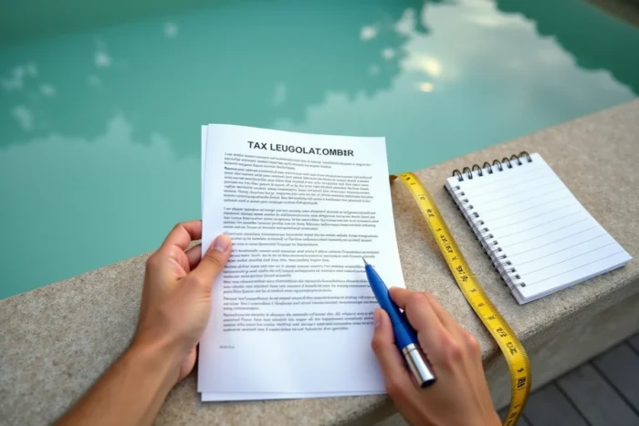 Gros plan sur un document de réglementation fiscale et un mètre ruban posés sur le bord en pierre d'une piscine enterrée pour calculer la superficie non imposable