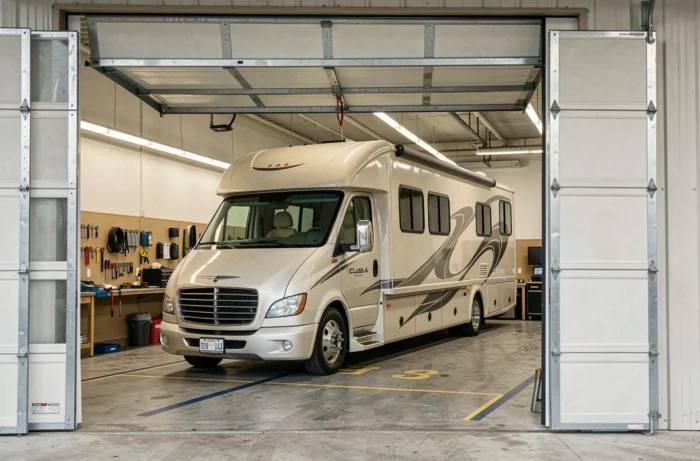 Grand camping-car intégral entrant dans un garage avec une porte sectionnelle, illustrant l'importance du gabarit et de la hauteur de passage