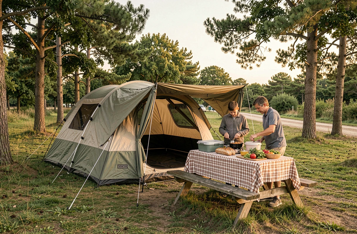 Famille en train de préparer un repas devant leur tente dans un camping nature des Landes