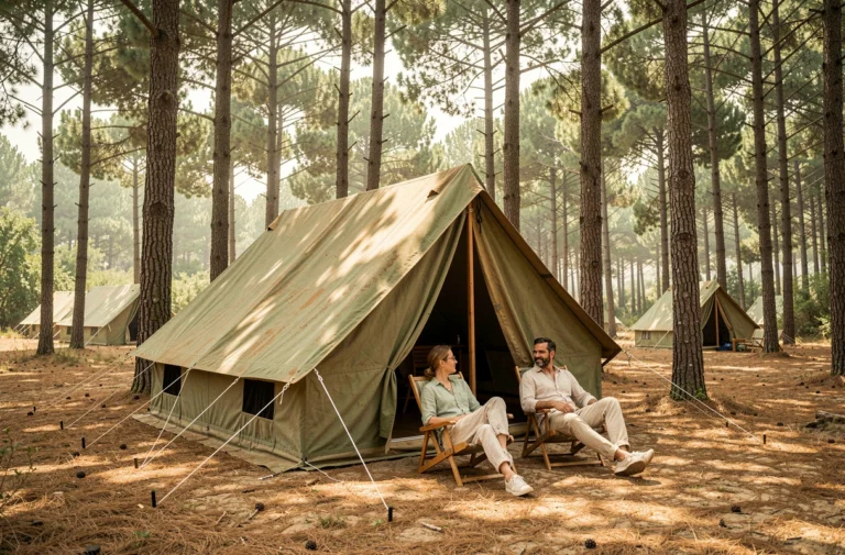 Couple installé sous des pins maritimes des Landes avec une tente toile traditionnelle sur sol sableux