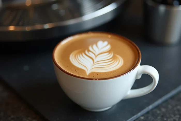 Cappuccino parfait dans une tasse en céramique blanche devant une machine DeLonghi Magnifica S en acier inoxydable