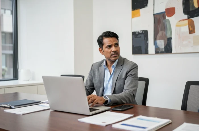 Dirigeant d'une multinationale technologique en réunion dans une salle de conférence moderne et épurée