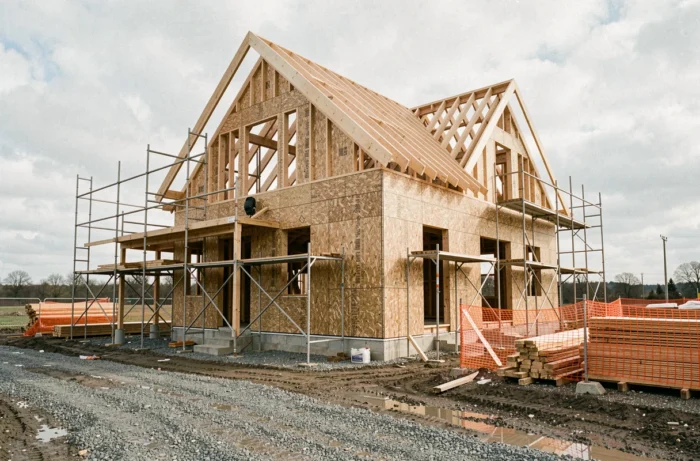 Chantier de construction d'une maison carrée à ossature bois, illustrant le choix de la forme optimale pour bâtir efficacement