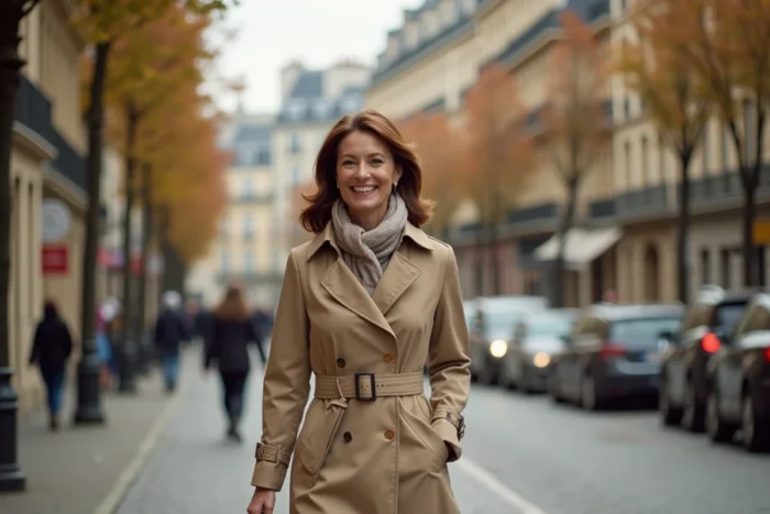 Femme élégante marchant dans une rue parisienne en automne, illustration pour un article sur Christelle Platini et sa vie actuelle