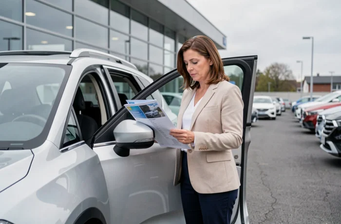 Femme consultant une fiche technique SR dans un concession automobile devant un SUV argent