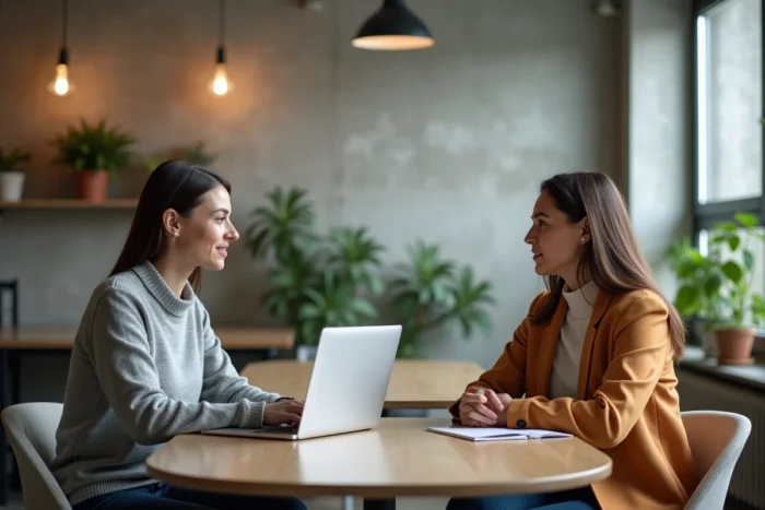 Deux femmes discutant d'un programme de formation coach parental autour d'un ordinateur portable dans un espace de coworking