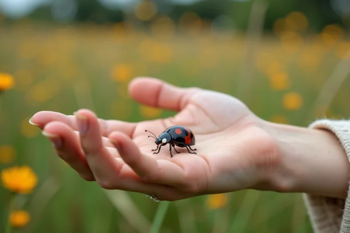 Femme tenant une coccinelle noire à points rouges dans la paume de sa main dans une prairie fleurie, symbole ésotérique
