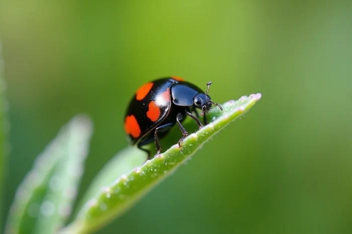 Coccinelle noire à points rouges posée sur une feuille de sauge dans un jardin naturel, photographie macro hyperréaliste