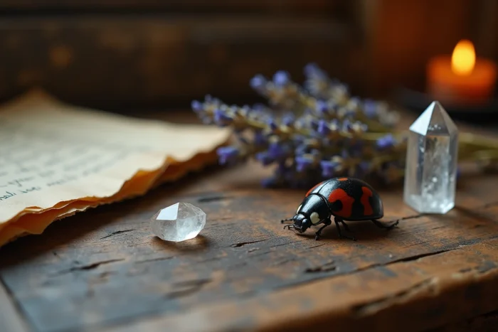 Coccinelle noire à points rouges sur une table en bois avec des objets ésotériques, cristal de quartz et lavande séchée