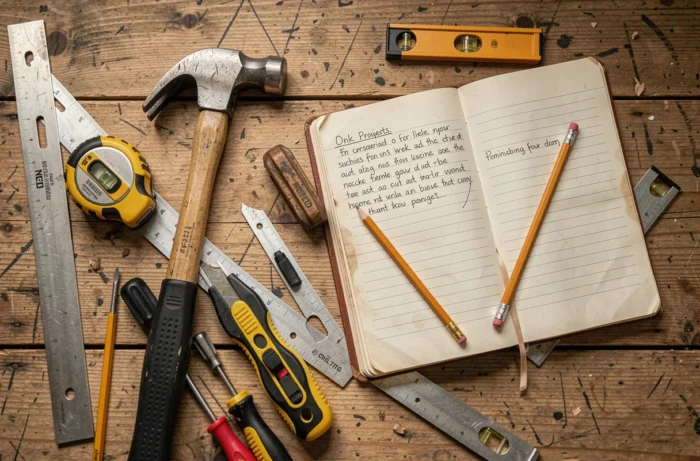 Vue du dessus d'une collection d'outils de bricolage essentiels et d'un carnet de notes sur une surface en bois brut