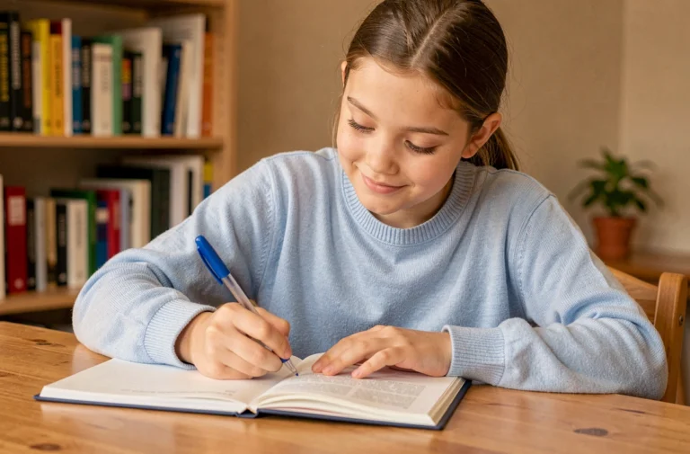 Jeune collégienne de 6ème écrivant une rédaction dans son cahier à son bureau à la maison