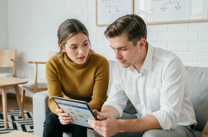 Deux collègues explorant un plan de site sur tablette dans un espace de travail moderne