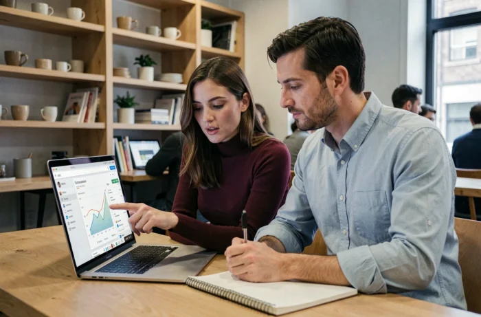 Deux collègues consultant des ressources marketing digitales sur un ordinateur portable dans un espace de coworking