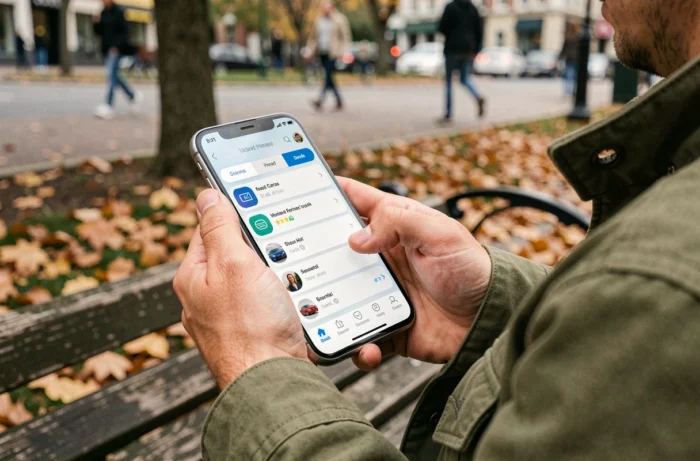 Homme comparant des offres d'assurance auto sur une application smartphone dans un parc urbain