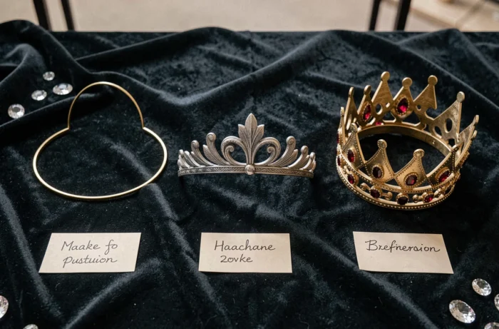 Comparaison en flat-lay d'un tiare, d'un diadème et d'une couronne dorée sur velours sombre dans un atelier de bijoux