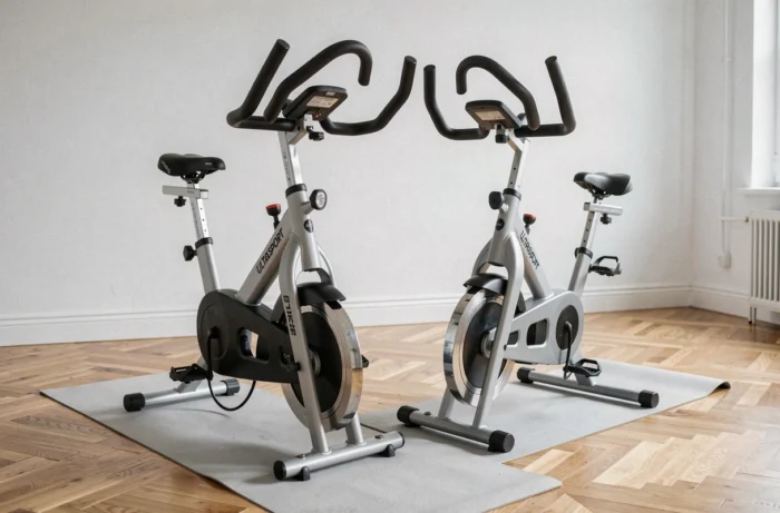 Comparaison côte à côte de deux modèles de vélos Ultrasport F-Bike dans un appartement minimaliste