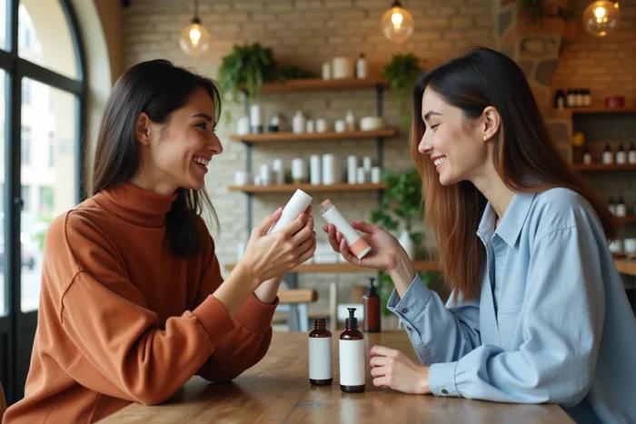 Deux femmes comparant des produits de soin visage dans un café wellness cosy aux murs en pierre, ambiance beauté naturelle française