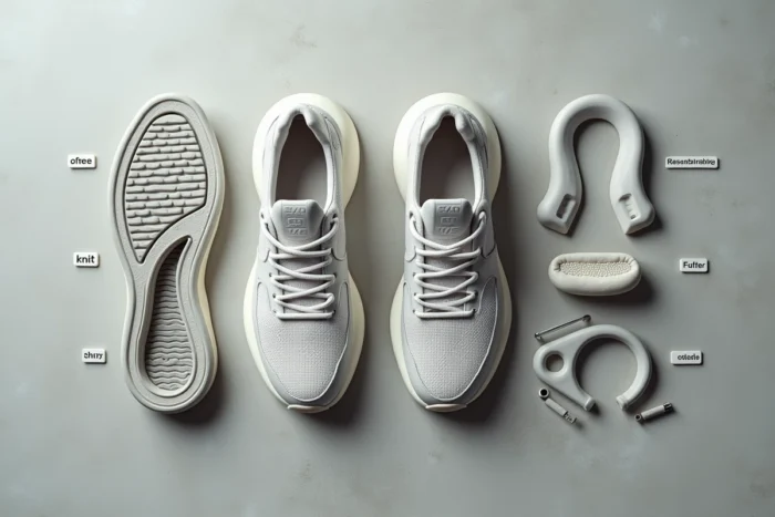 Vue éclatée des composants de fabrication d'une chaussure Skechers, semelle EVA, tige en mesh et semelle extérieure en caoutchouc disposés sur béton