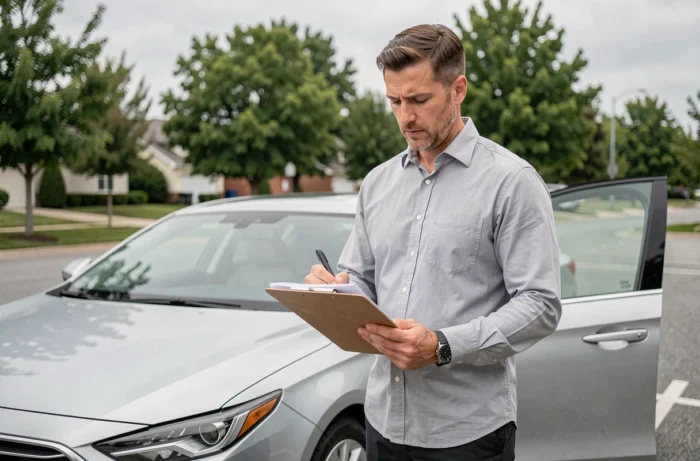 Conducteur examinant des documents d'assurance auto à côté de sa voiture dans un parking