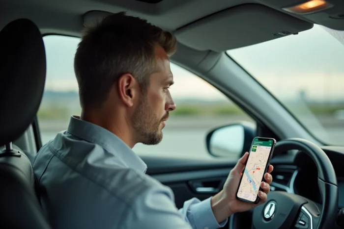 Conducteur consultant l'itinéraire Michelin sur smartphone monté sur tableau de bord de voiture moderne