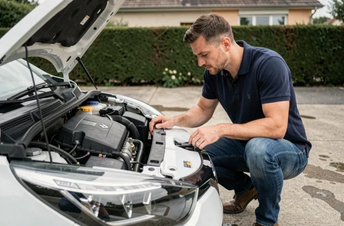 Homme inspectant le moteur d'une Renault Clio 5 dans une allée résidentielle pour contrôler l'injection