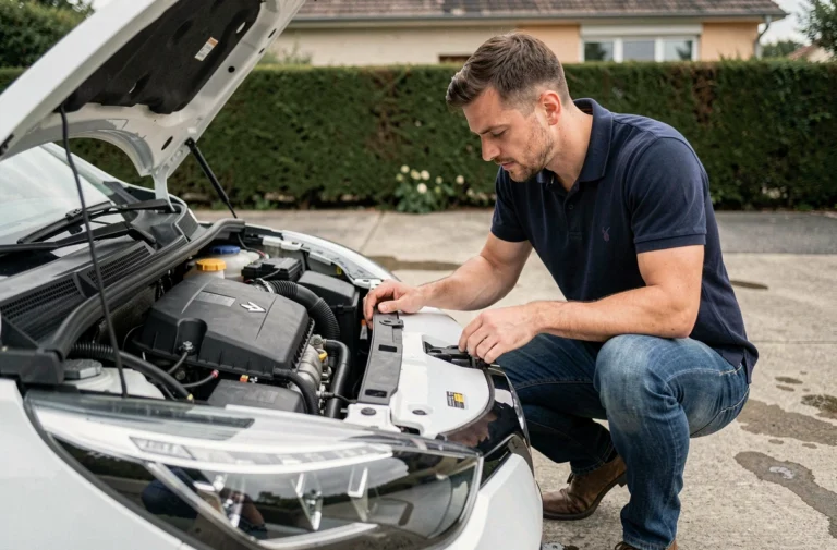 Homme inspectant le moteur d'une Renault Clio 5 dans une allée résidentielle pour contrôler l'injection